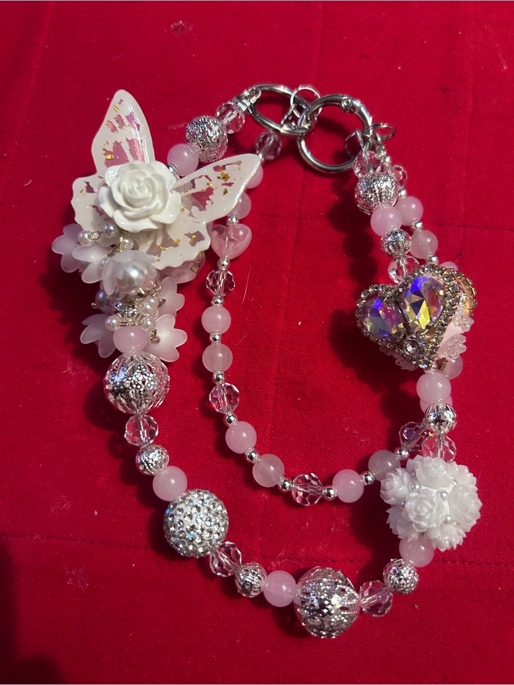 Pink Butterfly & Heart Beaded Bracelet Necklace - Feminine Statement Jewelry